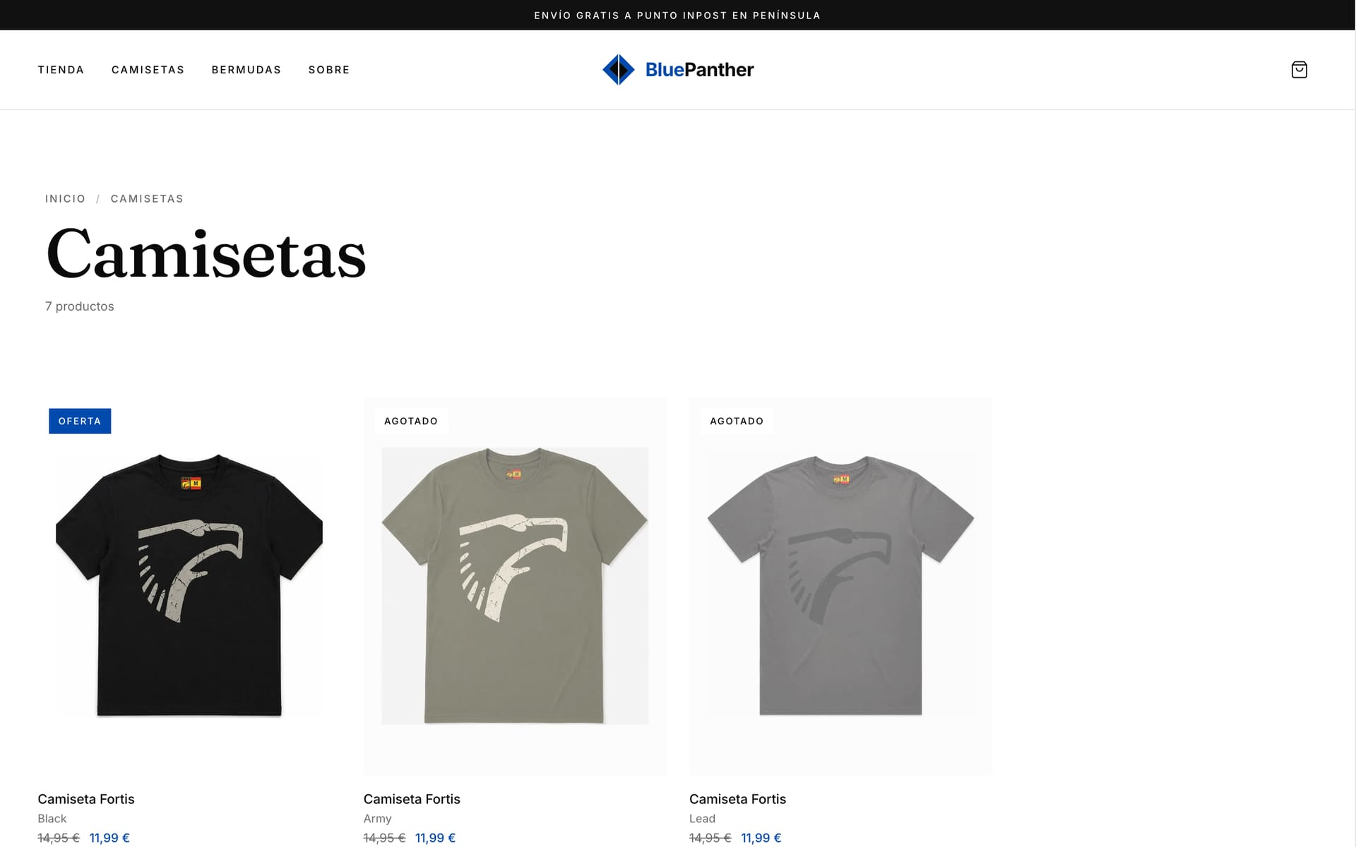 Categoría de camisetas de BluePanther en escritorio, con ofertas y colores agotados marcados.