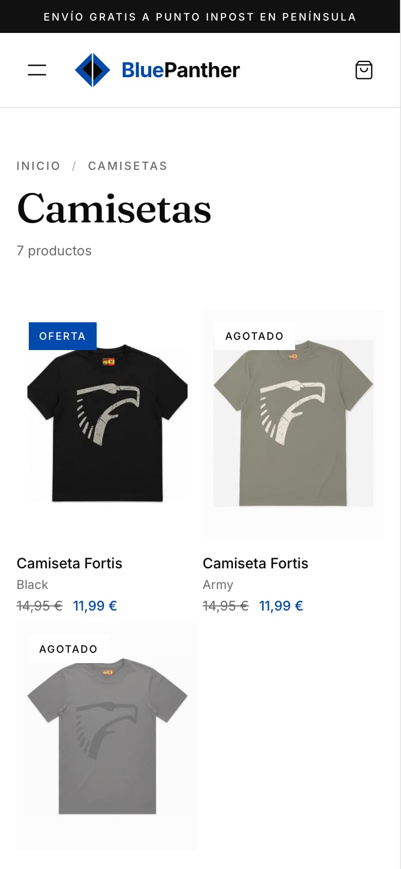 Categoría de camisetas de BluePanther en el móvil, en dos columnas.