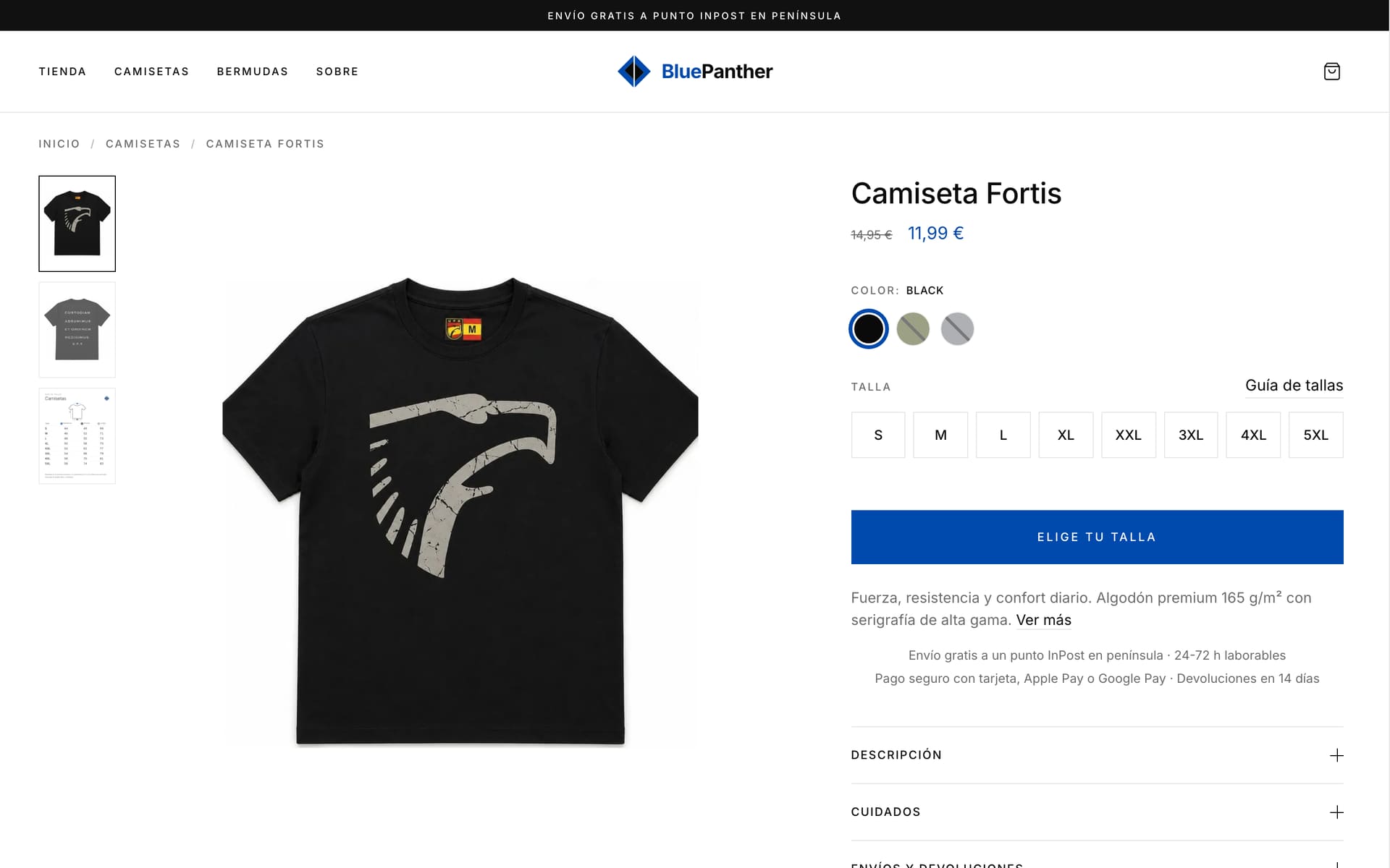 Ficha de la camiseta Fortis de BluePanther en escritorio: galería, precio rebajado, colores, todas las tallas y guía de tallas.