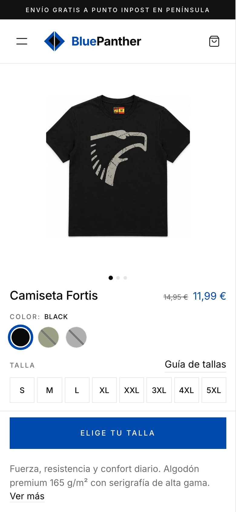 Ficha de la camiseta Fortis de BluePanther en el móvil: foto, precio, color, talla y botón en la primera pantalla.
