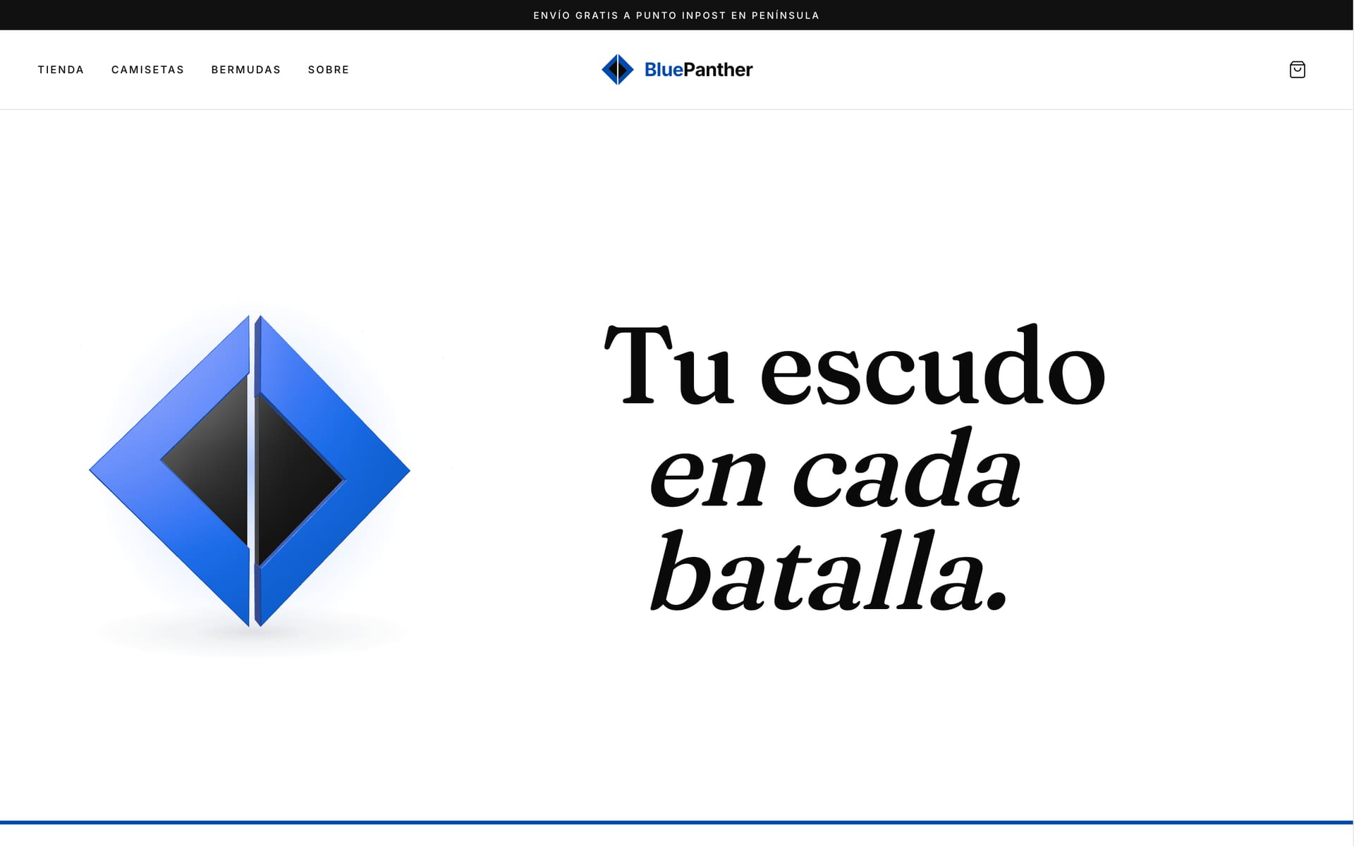 Portada de BluePanther en escritorio: el logotipo en 3D y el lema «Tu escudo en cada batalla».