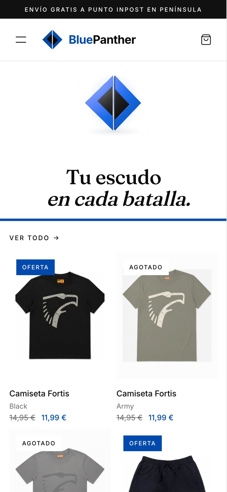 Portada de BluePanther en el móvil: logotipo, lema y los primeros productos.