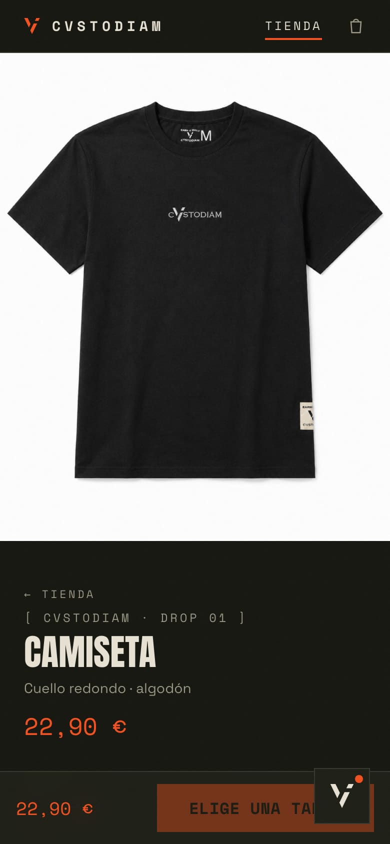 Ficha de una camiseta de CVSTODIAM en el móvil, con el precio y el botón de compra fijo abajo.