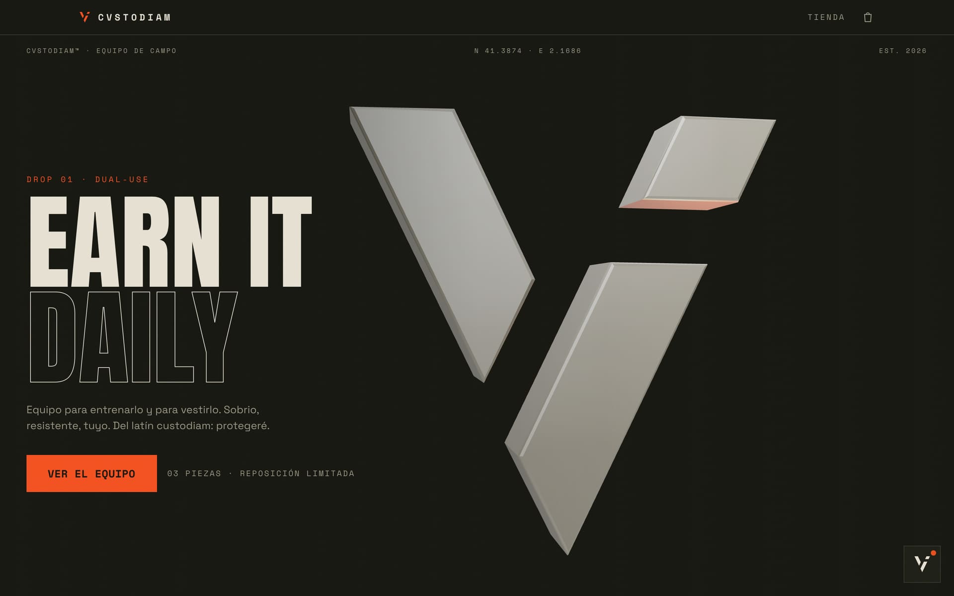 Portada de CVSTODIAM en escritorio: el logotipo en 3D junto al lema «Earn it daily» y el botón «Ver el equipo».