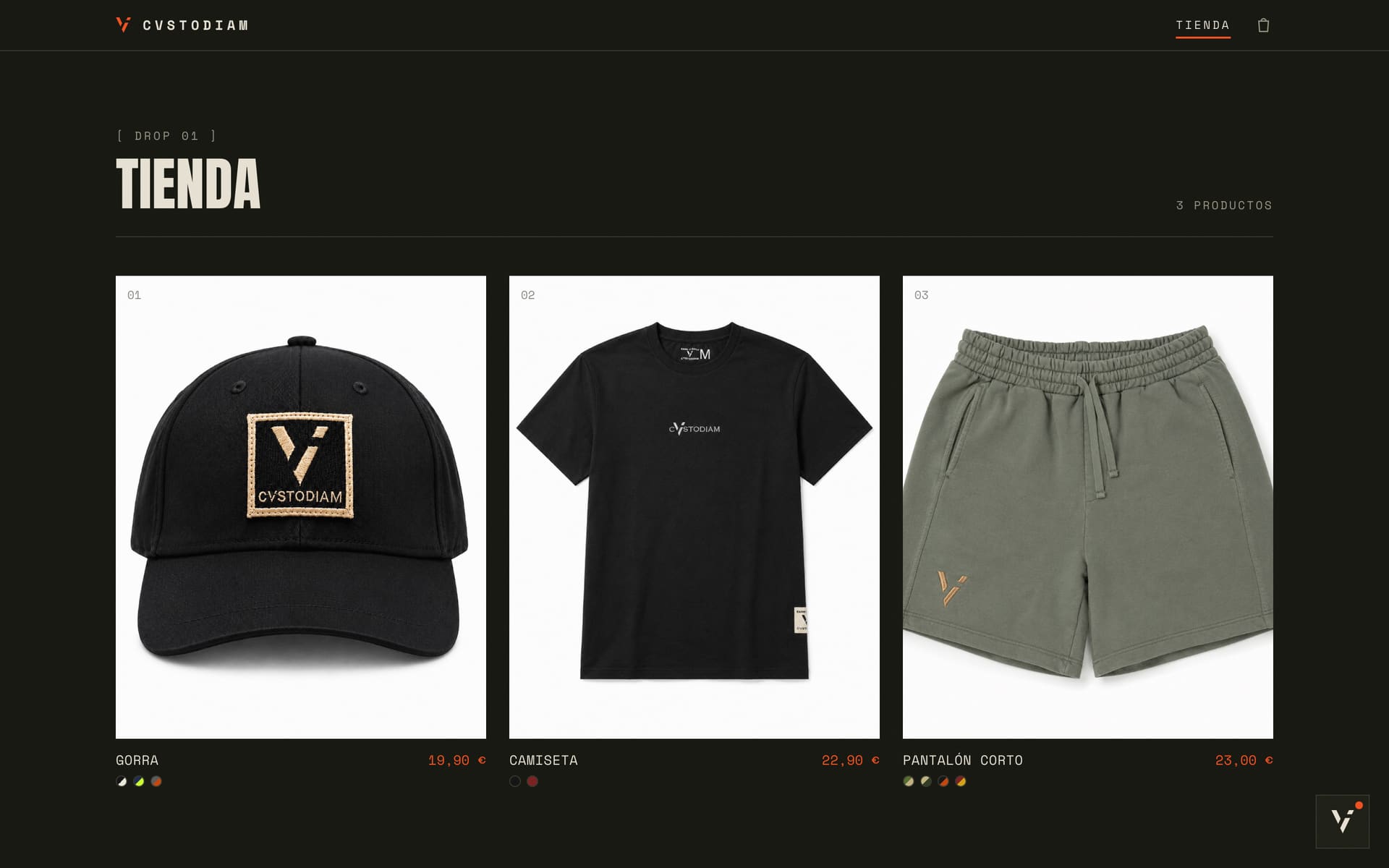 Tienda de CVSTODIAM en escritorio: gorra, camiseta y pantalón corto con su precio y sus colores.