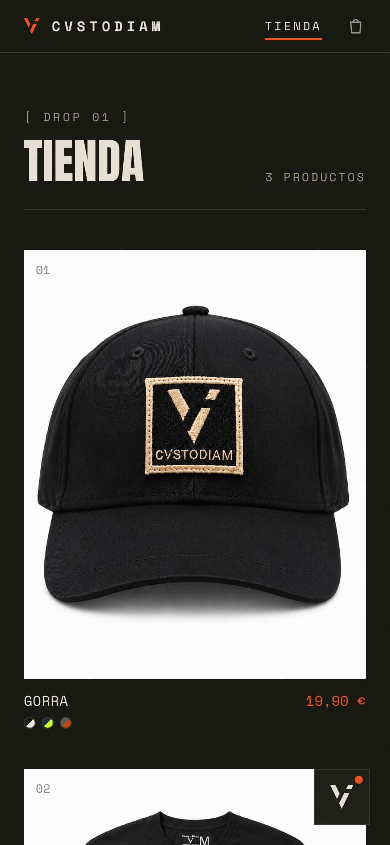 Tienda de CVSTODIAM en el móvil, un producto por fila.